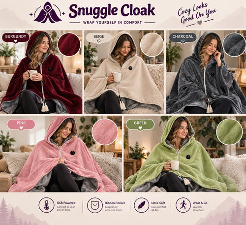 Snuggle Cloak colour range: Burgundy, Beige, Charcoal, Pink and Green, each with a close-up of the fabric