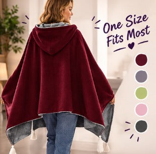 Snuggle Cloak in Burgundy from behind, one size fits most, shown with the five colour options