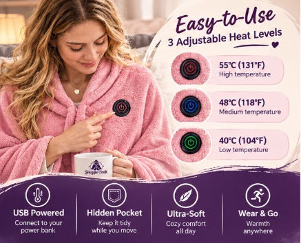 Three adjustable heat levels: 40C/104F low, 48C/118F medium, 55C/131F high, USB powered with hidden pocket