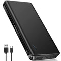 Snuggle Power Bank, 20,000 mAh black portable charger with dual USB-A outputs and charging cable