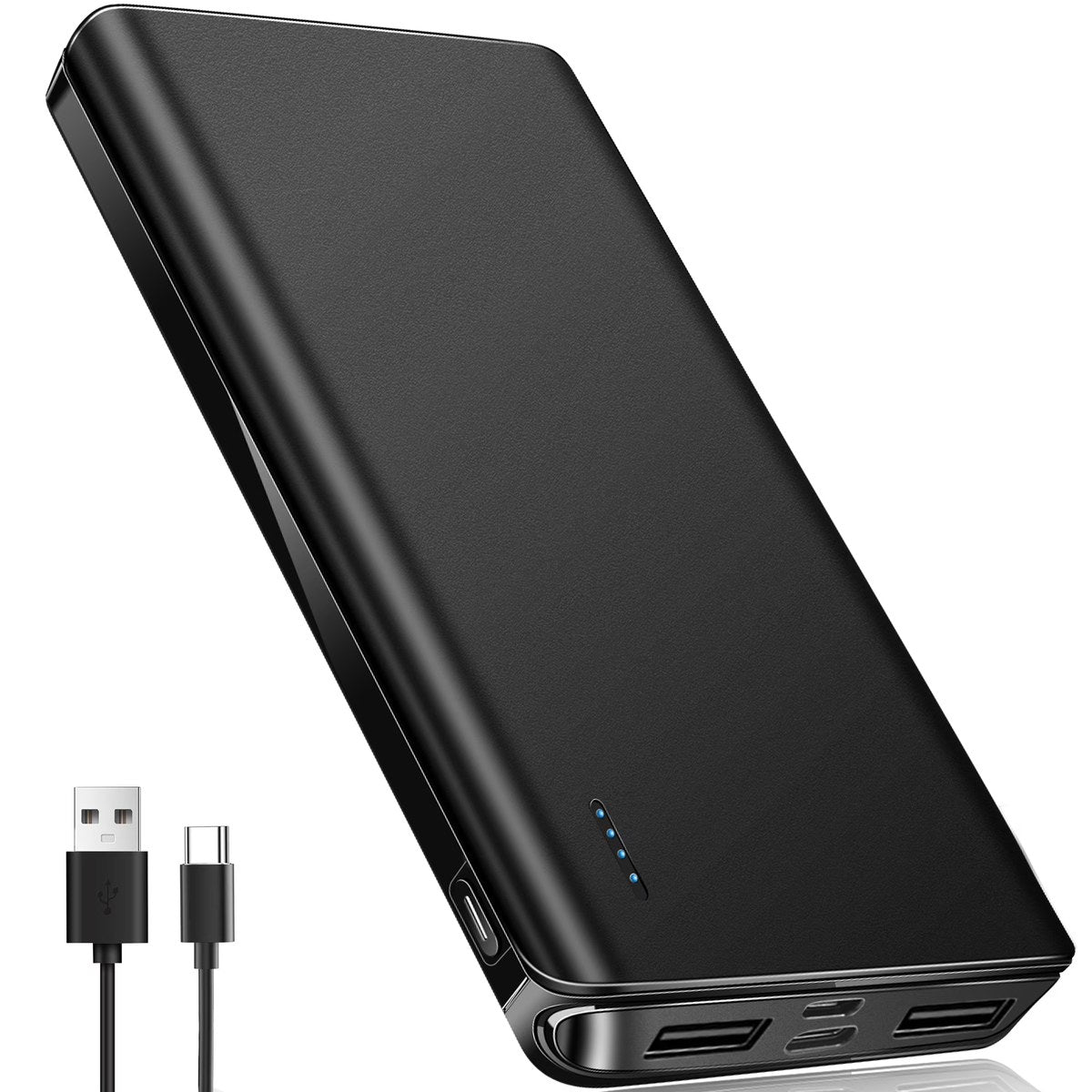 Snuggle Power Bank, 20,000 mAh black portable charger with dual USB-A outputs and charging cable